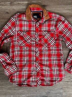 Essentials Red Plaid Flannel Shirt with Tan Corduroy Trim